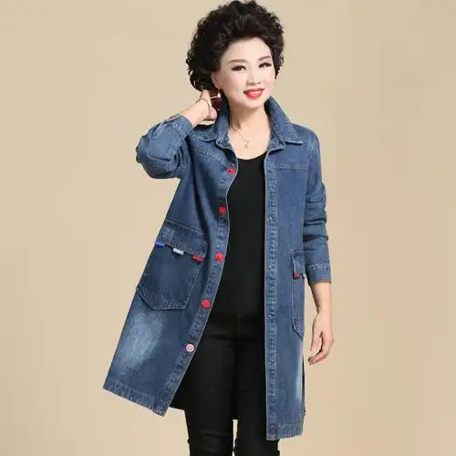 中年妈妈春秋风衣中长中老年牛仔外套新款气质中老年女装