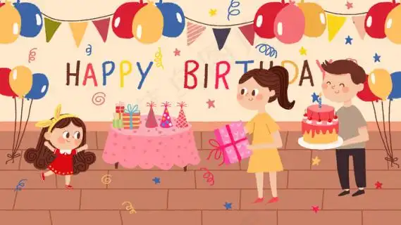 棕色系卡通可爱生日快乐女孩捧着蛋糕配图2880x1620dpi300psd模版下载