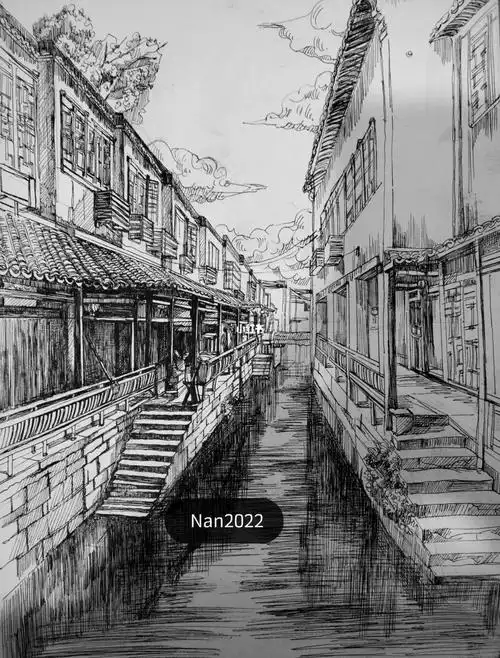 荻港古村  #风景速写  #速写  #江南水乡  #一元茶馆