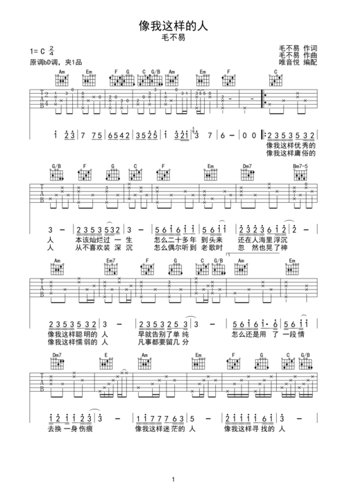 毛不易《像我这样的人》吉他谱c调六线吉他谱-虫虫吉他谱免费下载