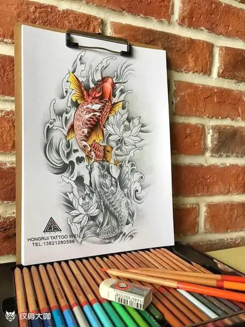 花臂锦鲤图_纹身图案手稿图片_任伟的纹身作品集