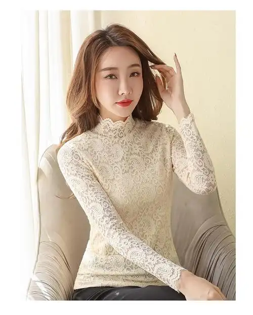 2020年新款半高领打底衫女士时尚洋气性感镂空蕾丝衫30岁女人打底衫内