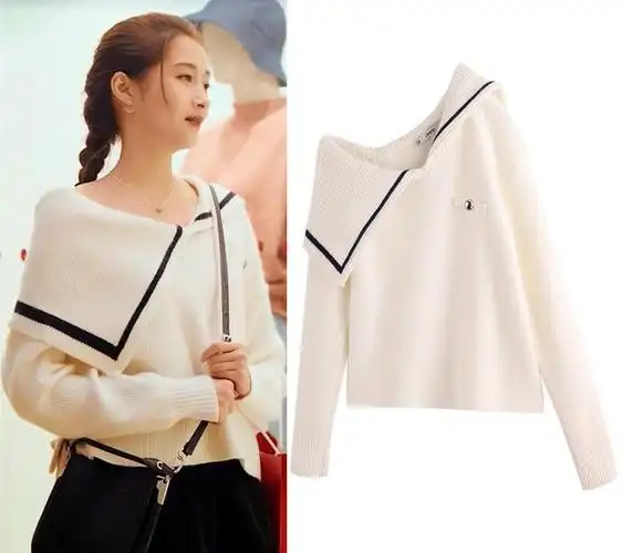 毛衣二十不惑梁爽关晓彤同款衣服白色斜领露肩其它包装袋