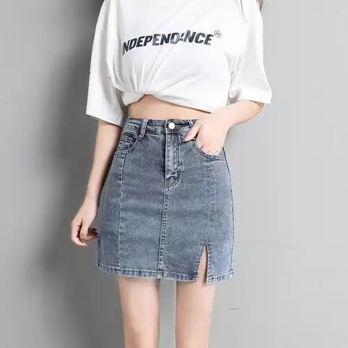真维斯弹力牛仔裙半身裙女高腰防走光a字短裙裤裙开叉包臀裙子春季