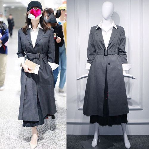 明星刘诗诗机场同款风衣大衣外套灰色收腰长款大摆开叉百搭外套女