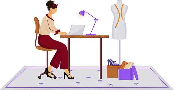 工作室平面彩色矢量图中的时装设计师.用笔记本电脑制作现代服装.