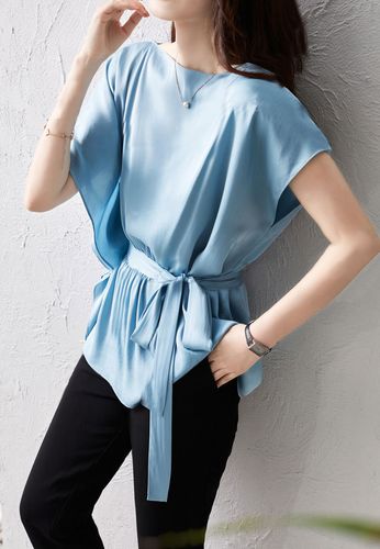 奢光流动之美 莹润19姆米真丝一字领收腰衬衣女夏衬衫上衣