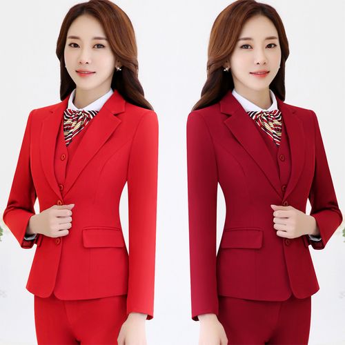 西装职业装女套裙春秋新款时尚气质长袖红色西服马甲工作服三件套
