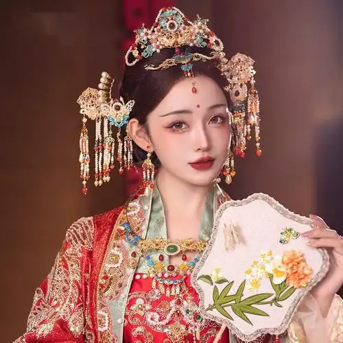 复古中式手工串珠景泰蓝汉服发饰传统新娘秀禾古装新中式宫廷头饰