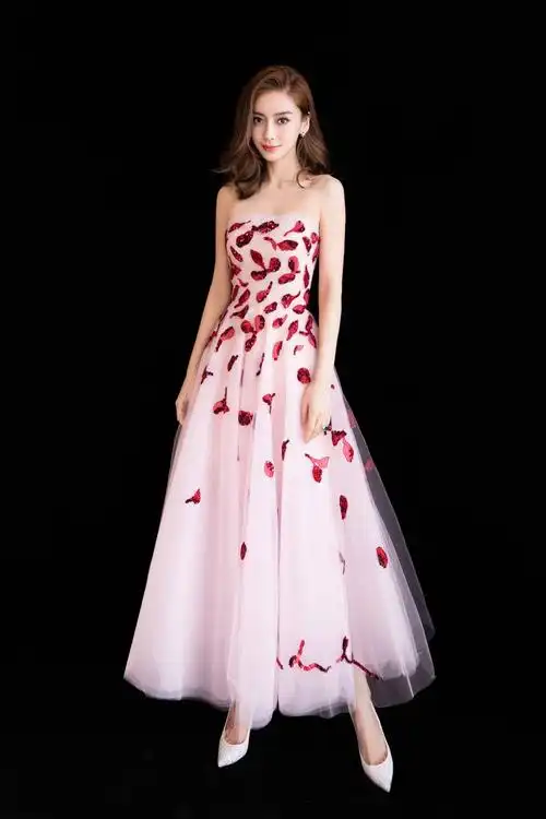 晚礼服生日演出主持angelababy杨颖同款粉抹胸刺绣亮片礼服连衣裙