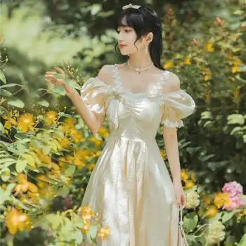 法式复古宫廷风仙女一字肩吊带连衣裙礼服在逃公主茶歇长裙感杏色s