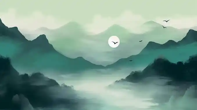 国风古风水墨山水治愈唯美中秋满月插画壁纸月亮唯美夜晚青色绿色山水