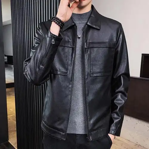 comeacross秋季新款翻领立体贴袋皮衣男休闲男士皮夹克外套