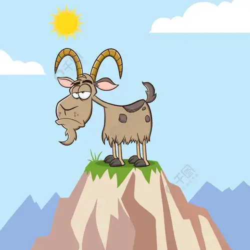 脾气暴躁的山羊卡通吉祥物在山顶上带背景的矢量图