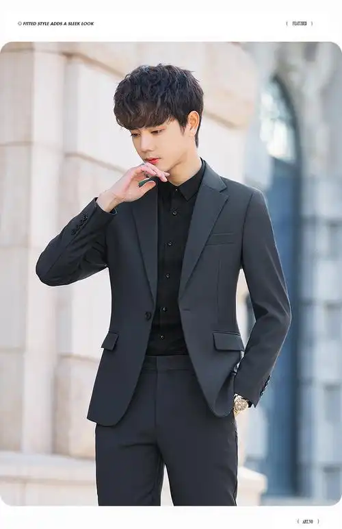 京佑杏色男士休闲西装套装男新郎礼服潮流帅气修身百搭小西服商务外套