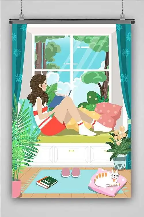 创意卡通居家生活望窗外女孩插画海报