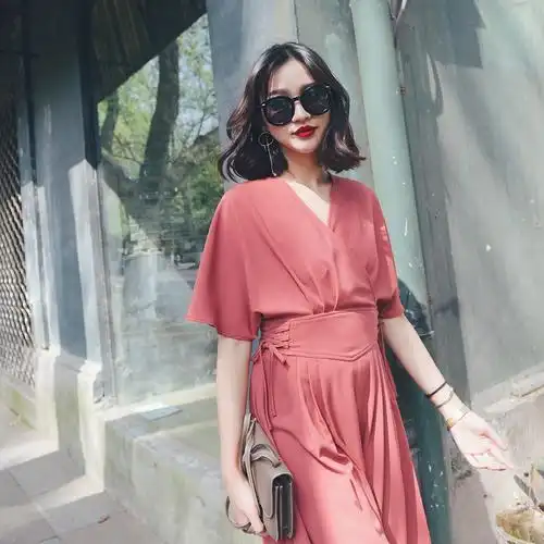 夏季新款豆沙色大裙摆长裙