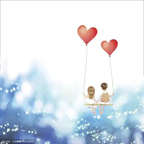 卡通情侣在心形气球上摇摆,蓝天白云