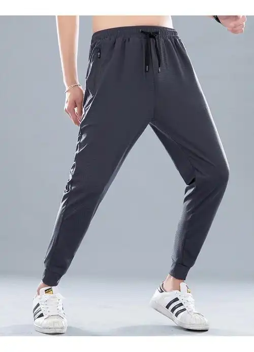 夏季男士青年冰丝高弹透气空调裤束口长裤小脚裤黑色 k712-p45_杭州