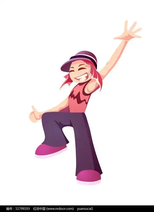手绘卡通在跳街舞的小女孩