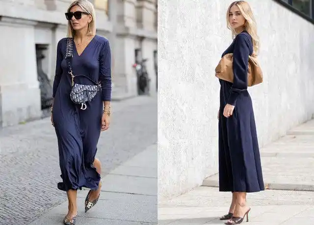 tips:4右图:迷你长度藏青色运动面料连衣裙,与深色牛仔外套非常搭配