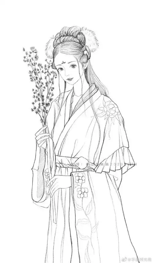 手绘古风线稿插画古风