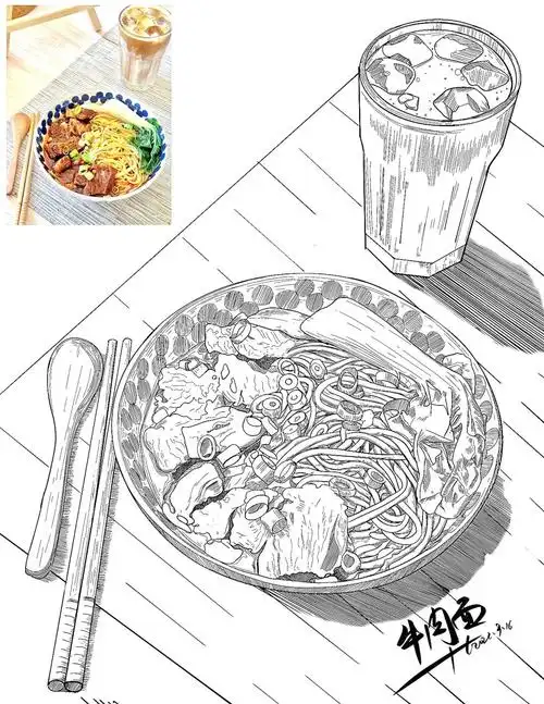 牛肉面食物写生速写线描素材