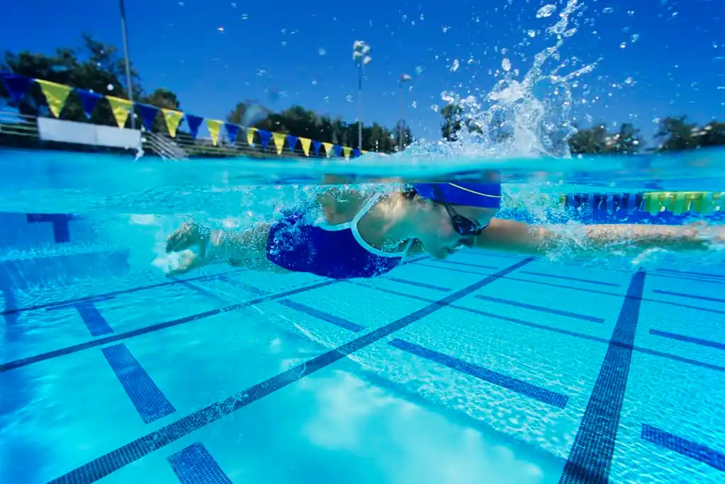 女游泳者在游泳池,年轻女子游泳运动员在游泳池