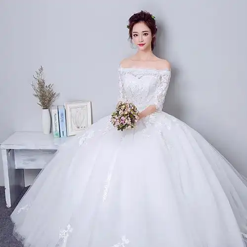 新娘婚纱礼服2017新款春季新娘装韩式公主一字肩蕾丝显瘦婚纱批发图片