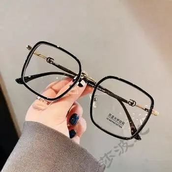 新款tr90混合近视眼镜架韩版个性防蓝光眼镜时尚街拍素颜平光镜亮黑金