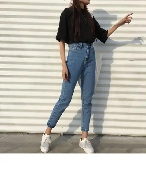 秋装女装韩版宽松高腰牛仔裤简约哈伦九分裤显瘦小脚裤长裤铅笔裤