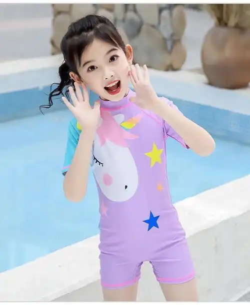 商场同款网红ins风儿童游泳套装带帽子3-11岁儿童泳衣女童连体小童