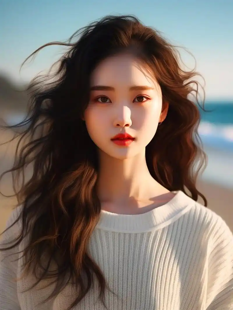 美女 清纯少女 海边 头像 微信头像 蓬松的白色毛衣轻拂着她的皮肤