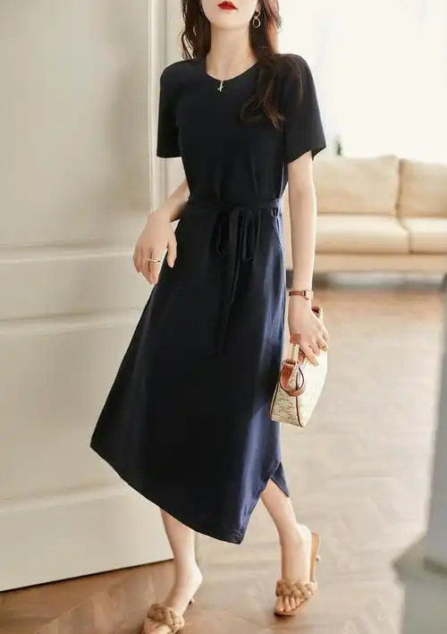 莱倪晟纳短袖连衣裙女装新品2021年夏季新款韩版宽松显瘦高腰系带时尚