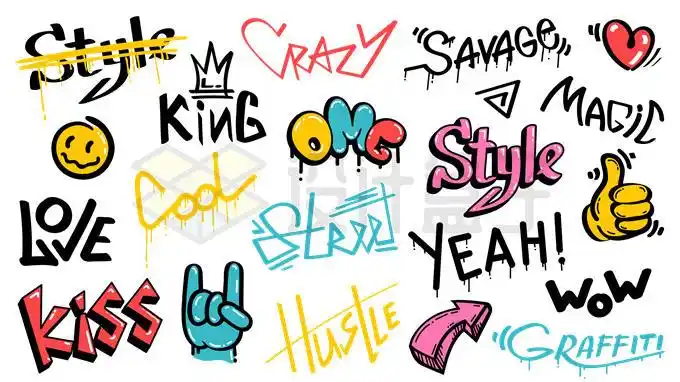 各种嘻哈文化图案标志手绘涂鸦风格7748791矢量图片免抠素材