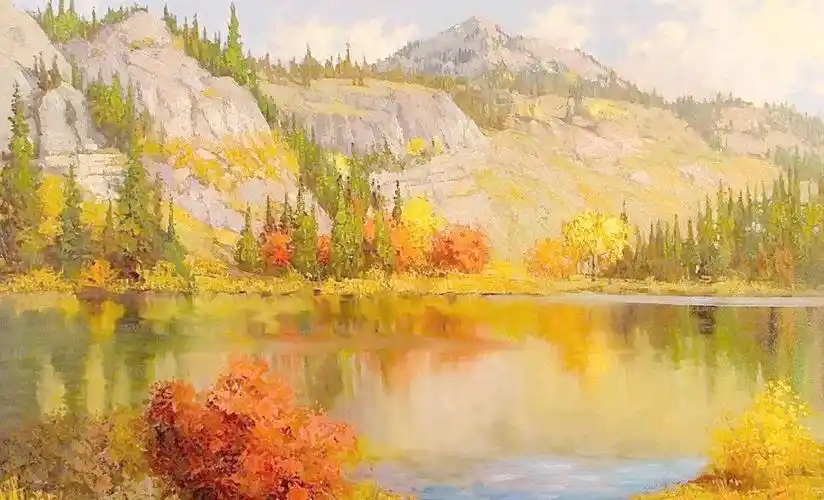 油画秋天的湖水图片