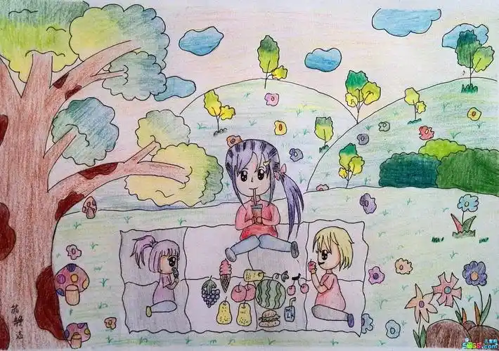小女孩和爸爸妈妈去野餐蜡笔画图片大全