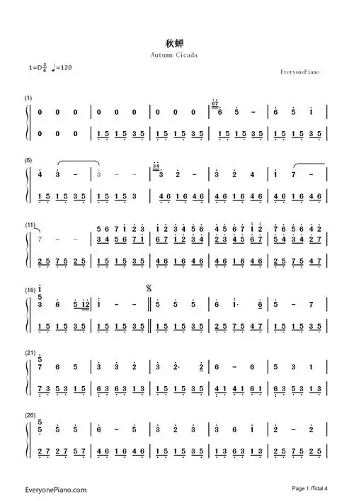 秋蝉-李子恒双手简谱预览1