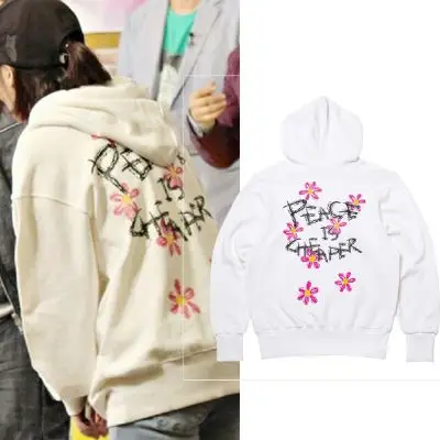 潮韩版iu李智恩同款白色花朵涂鸦字母学生全棉连帽卫衣上衣秋新款