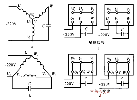 如三相电动机为星形接线时,改接成单相电源工作电路后如图2 -58a所示