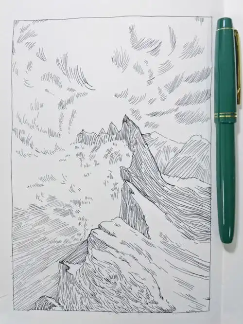 钢笔画山风景速写