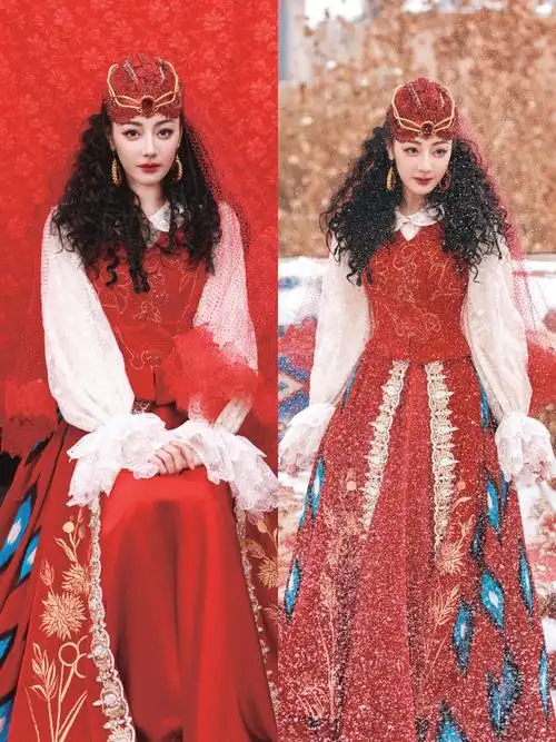迪丽热巴春晚造型,新疆的石榴花明媚闪耀!
