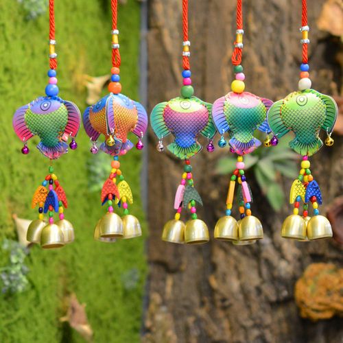 民族风三面金鱼皮风铃新款手工图彩皮三面鱼风铃挂件直销