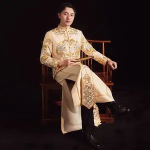 秀禾服男2021新款结婚新郎装中式礼服夏香槟色男士龙凤褂秀禾男装