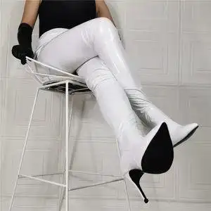 欧美皮面裤鞋一体靴修身尖头高跟紧身弹力靴sm漆皮大码靴女王长靴