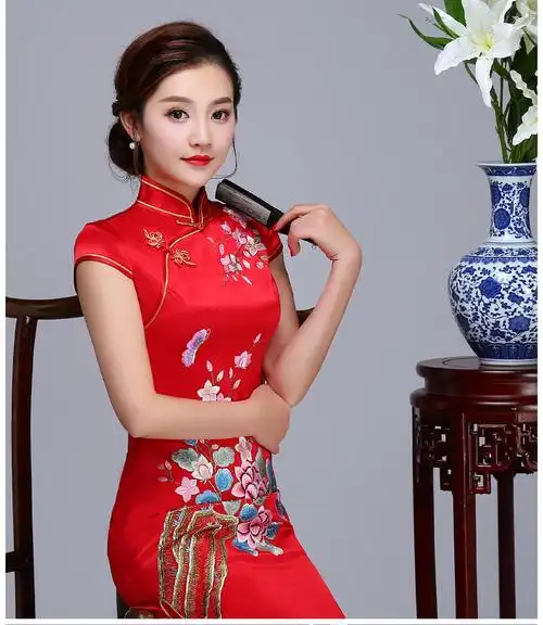 蓝月星辰红色重磅真丝刺绣旗袍 - 花雕美图苑 - 花雕美图苑