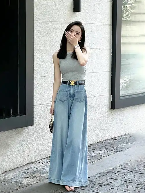 干练气质女装梨型身材穿搭大码牛仔阔腿裤小众大阔腿九分牛仔裤 - 17