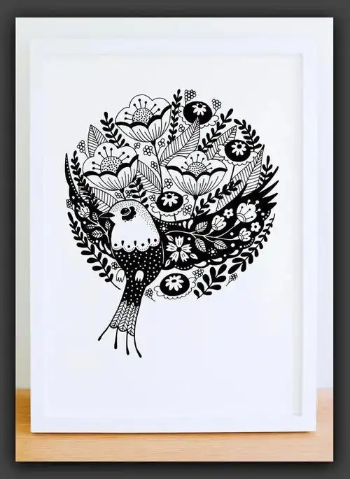 而在wensdi的插画作品里,只有黑白的线条,与鸟,与花瓶组合在一起的