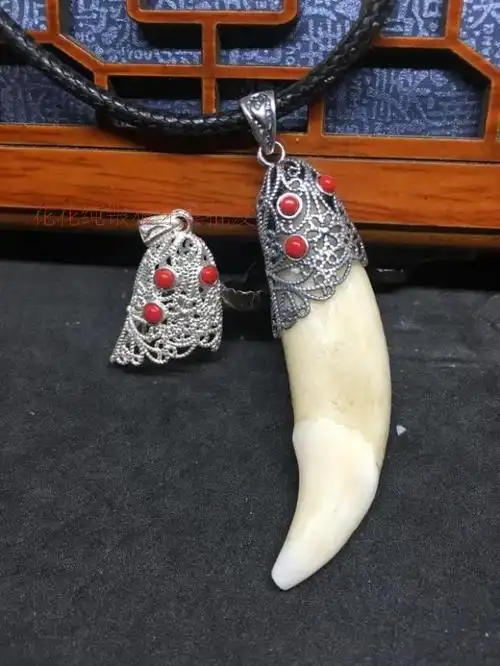 套包精品纯银镂空镶嵌虎牙大牙牙齿包银吊坠项坠