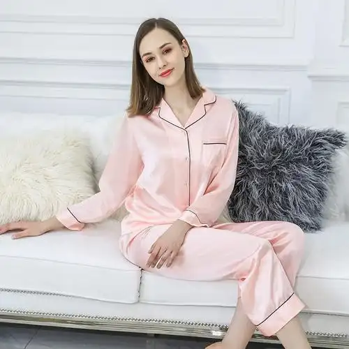 金菊女装真丝睡衣两件套女士长袖上衣休闲裤套装桑蚕丝家居服女宽松